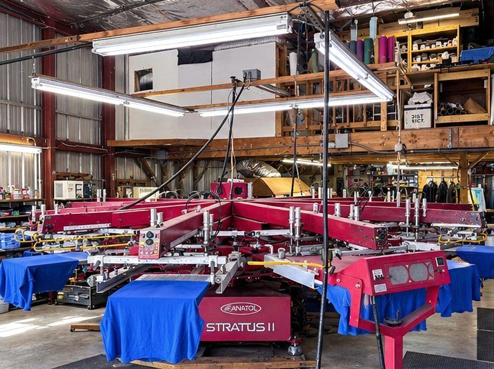 Red Anatol Stratus II press loaded with blue shirts